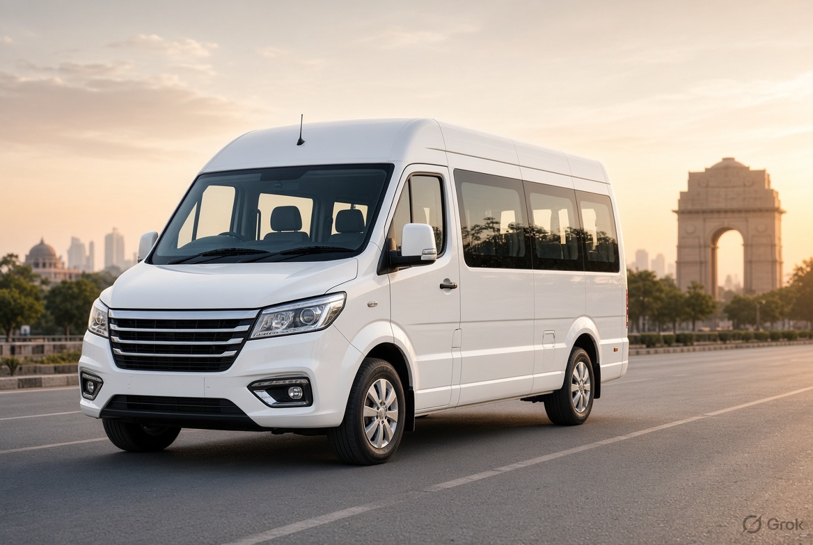 9 seater luxury Tempo Traveller on rent with premium interiors, comfortable seats and travel luggage